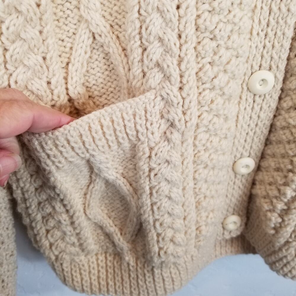 Handknit Women's Cable Knit Fisherman Cardigan Sweater Cream Size Medium - Picture 4 of 5